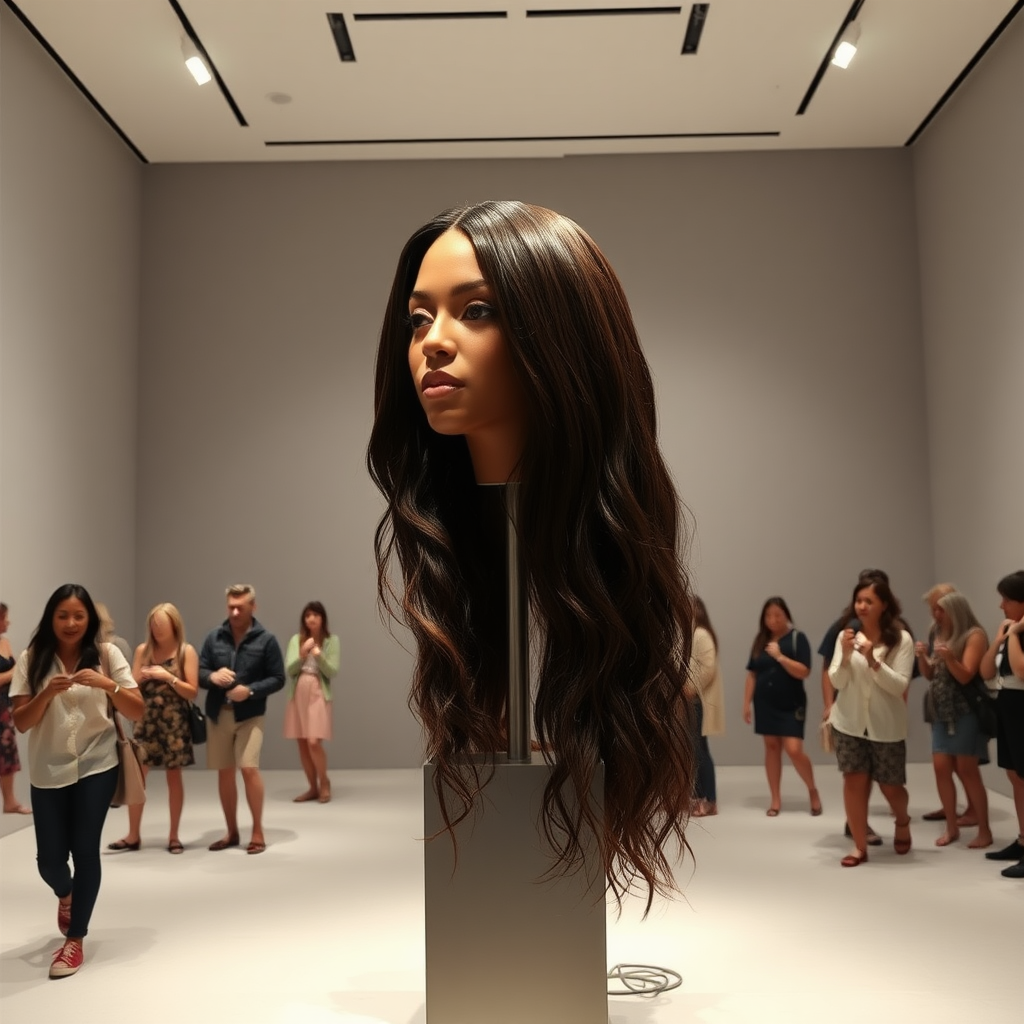 In an enchanting art gallery, a mesmerizing interactive performance art exhibit unfolds, highlighting the stunningly beautiful, very long-haired disembodied head of Beyoncé, elegantly showcased atop a sleek, polished stand. The room is brightly lit, with soft, focused spotlights illuminating her radiant features, accentuating her glossy, flowing hair that cascades down like a waterfall of dark silk. The backdrop is a minimalist, plain gray canvas that expertly contrasts with the vibrant strands of her hair, drawing every eye to the captivating spectacle.

Visitors meander through the space, their fingers twitching with excitement as they gingerly reach out to stroke and style her luxurious locks. The atmosphere buzzes with anticipation and playful fascination, as hushed whispers of admiration ripple through the crowd. Every graceful movement within the gallery is accompanied by a soft rustling of hair as people explore the tactile delight of this extraordinary centerpiece, creating a blend of art and intimacy. The air is alive with a sense of wonder and curiosity, inviting each participant to engage in a whimsical dance of interaction and creativity amidst this unconventional celebration of beauty and artistry.