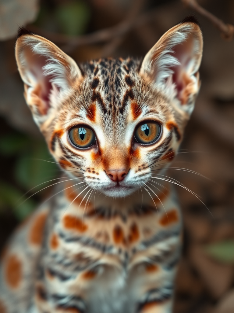 A highly realistic 4K close-up shot of a Rusty-Spotted Cat. The small cat has large, striking amber eyes, a short muzzle, and delicate whiskers. Its fur is a soft mix of greyish-brown with distinct rusty-red spots along its body. The details of its fur texture, sharp gaze, and tiny nose are captured with extreme clarity. The background is blurred slightly to emphasize the cat, showing subtle hints of a natural habitat with leaves and branches. The lighting is soft and natural, highlighting the cat’s unique patterns and features.