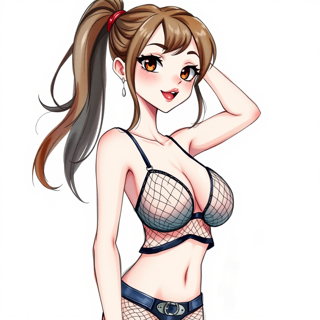 digital watercolor painting illustration with realistic paper texture, depicting western anime cartoon style sexy cartoon girl in mesh lingerie