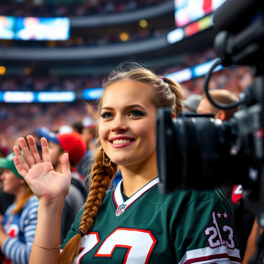 Female NFL fan, hot, pigtail hair, jersey, cheering while looking at a TV camera, perspective of TV camera, inside crowd