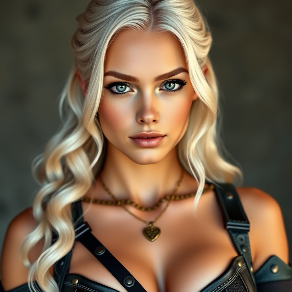 Portrait of a beautiful young woman with long wavy platinum blonde hair, green eyes, a suntan, large breasts, and light brown eyebrows. She is wearing black leather armor and a gold necklace with a small heart pendant.