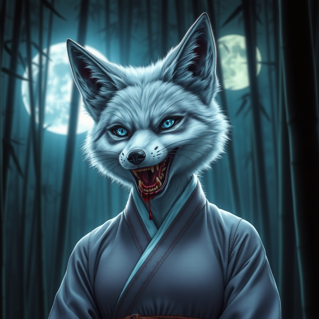 photorealistic eerie-looking silverfox with blue eyes in a female Korean big breasted hanbok with baring teeth with blood on the fox teeth, in front of the full moon in a bamboo forest