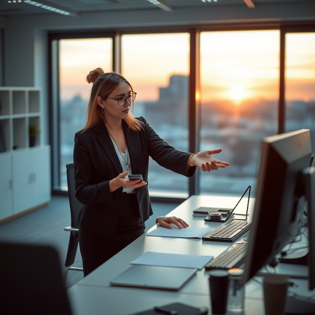 create an image of an executive secretary guiding her supervisor to have more effective communication, in a modern technology office, with a sunset in the background