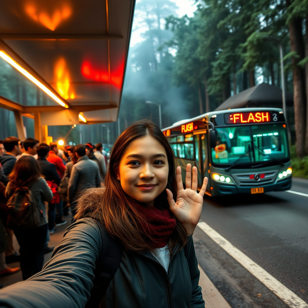 selfie of a girl at a crowded bus stop near a lake in the forest, approving burning bus labelled "FLASH" leaving burning traces in the background