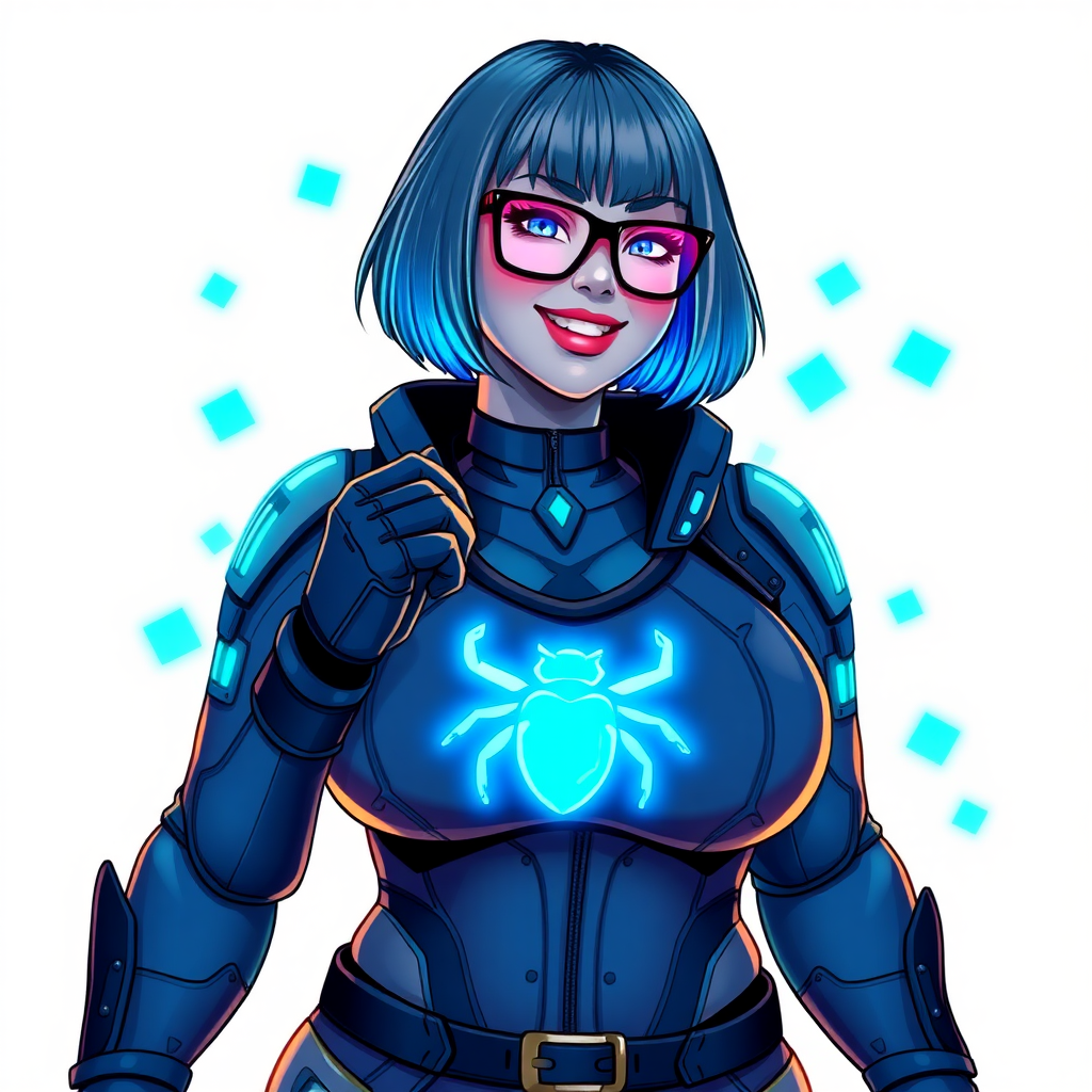 A 29-year-old computer science major, now transformed into a full-figured, nerdy digital sidekick for a cyberpunk vigilante, with maximum blue skin. Her bob cut seamlessly blends with her skin, forming part of her data, and her neon blue eyes glow intensely. Her full figure is defined by a round wrecking ball-sized midsection, sequoia-sized limbs, and broad shoulders. As a loyal and supportive sidekick, she plays a crucial role in their missions, using her digital skills to assist and protect.

She wears a digital, computerized biker suit that blend with her hair and skin (appearing to merge together as computer data), featuring a maximum blue color scheme and a neon blue glowing beetle chest icon, along with matching high-tech gloves. She bashfully giggles with a neon red blush, emitting neon blue data cubes from her body, set against a solid white background. Heavily pampered by her doting boyfriend, her full figure clearly shows this care. She has the ability to hack into computers and machines, and her nerdiness is blatantly obvious with her black oversized eyeglasses. Her full figure is prominently displayed and heavily emphasized. Her outfit is influenced by DC’s Jennifer Knight Phantom Lady but remains distinct. She is drawn as if she was in a retro 2D cyberpunk fighting game.