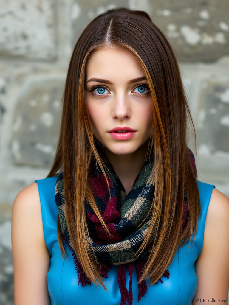 portrait of a beautiful young brown-haired, white-eyed woman with straight hair with highlights, wearing a cerulean latex dress and a tartan scarf. Heavy makeup. Neutral stone background.