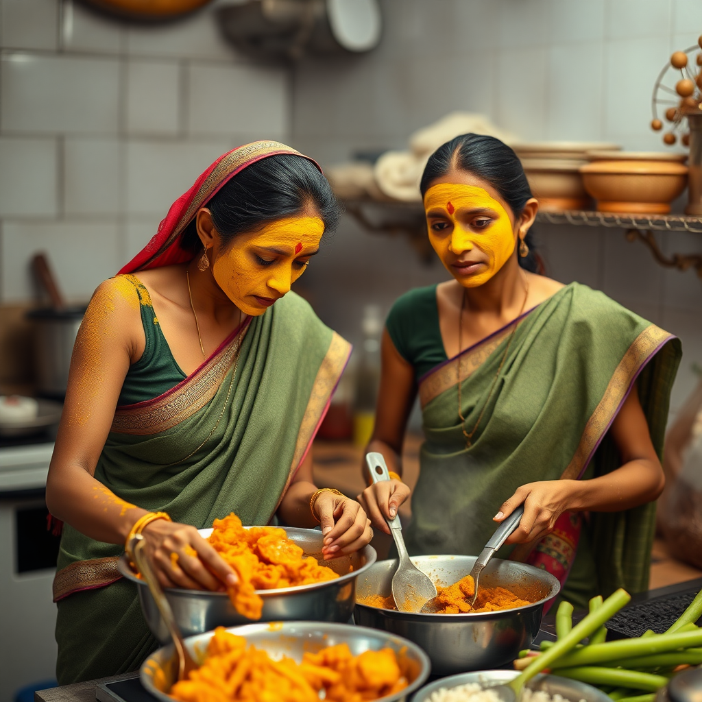 2 skinny, 30 year old, Indian maids. They are cooking food in the kitchen. Their face is covered with turmeric face mask.