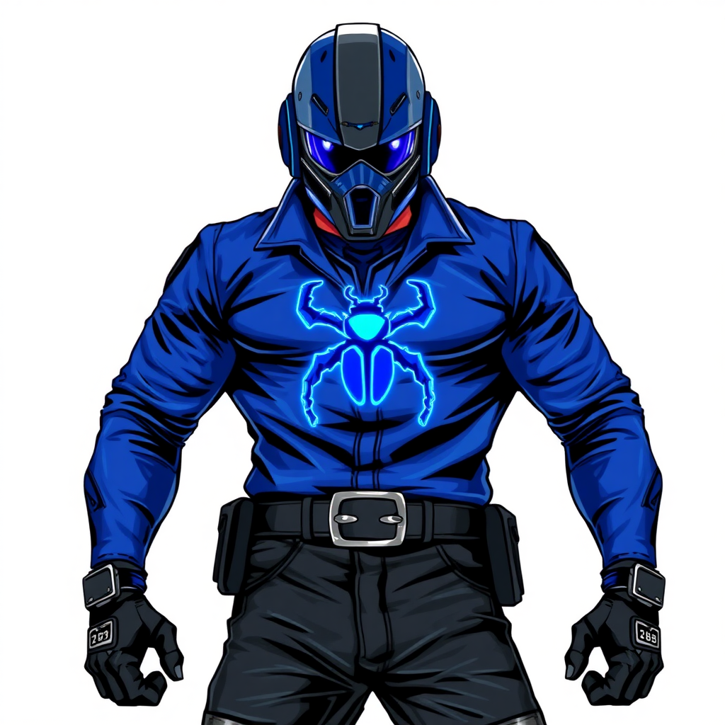 A 28-year-old cyberpunk vigilante stands heroically, clad in a maximum blue leather shirt featuring a neon blue glowing beetle on the chest. They wear black biker pants, a black belt with a sapphire beetle buckle, and a helmet resembling a sleek, tactical design, but colored maximum blue with neon blue glowing lenses. Their hands are protected by black metal gloves, all set against a solid white background. He is drawn as if he was in a retro 2D cyberpunk fighting game.