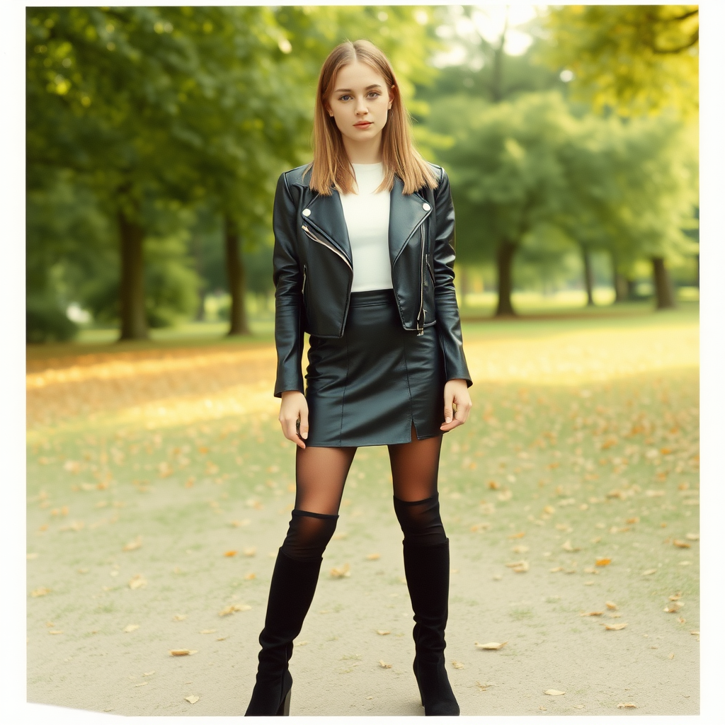 Ultra High Resolution Photo of a young woman with neck-length hair, wearing a white fitted top, a black leather cropped jacket, a black leather mini skirt, black sheer tights, and black suede knee high boots with slight heels. The full-body shot from head to toe is set in a park background, showcasing lush greenery and autumn leaves. The photo is captured with a Polaroid instant camera, which adds a distinctive vintage feel to the image. The lighting is natural, highlighting the contrast between her modern outfit and the classic park setting. The Polaroid effect creates a slightly soft and nostalgic look, with the unique color tones and borders characteristic of instant film.