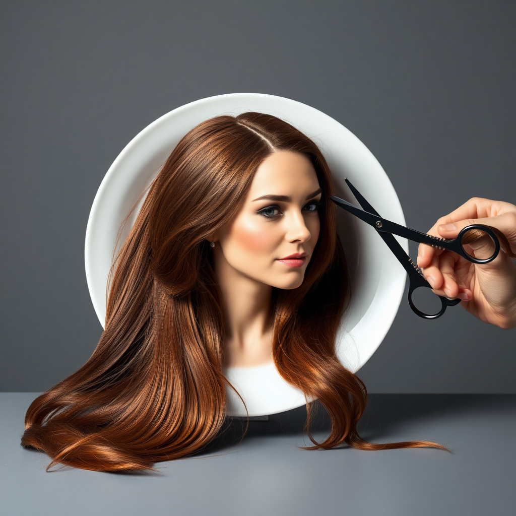 In a strikingly surreal scene, a beautifully crafted porcelain plate holds the disembodied head of a graceful Kate Middleton, her long, flowing hair cascading around like a luxurious waterfall of silky strands, shimmering in various shades of deep chestnut. Each hair seems to catch the light, creating an almost ethereal glow. Nearby, a meticulous hairdresser, dressed in a sleek black apron, carefully snips away at Kate's locks with precision scissors, their actions fluid and deliberate, emphasizing the delicate artistry of the moment.

The setting boasts minimalist decor, with a plain gray background that heightens the focus on this bizarre tableau. Soft shadows play across the smooth surface of the plate, enhancing the haunting beauty of Kate's serene expression, which conveys both elegance and an uncanny sense of stillness. The atmosphere is a blend of surreal calm and unsettling intrigue, pulling the viewer into a dreamlike space where reality and imagination intertwine. Gentle noises of scissors softly clipping away hair are the only sounds in this peculiar yet captivating scenario, heightening the tension and drawing viewers into this striking juxtaposition of beauty and the bizarre.