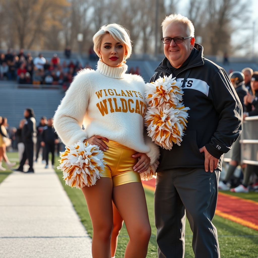 Sunny cold fall noon, college football stadium game, cheerleaders leader squat: Ana, European 17 years old very convincing femboy “QB’s trophy-bimbo”, tamed servile docile, very beautiful feminine flawless face, rather short boyish figure, platinum blond short tight curls, bold red lips, heavily made-up face, fluffy very fuzzy bright white plushy hazy thick angora turtleneck-sweater with “gold “WILDCATS” letters, vinyl gold short shorts, mesh pantyhose, white vinyl thigh-high boots with golden heels, large gold-white pompoms, pearl earrings, standing, shoulders slightly arched back to present her assets, posing for photo with Hank: older tall overweight male football coach, wearing college football coach outfit, triumphant smile, nimbly patting Ana. Jealously watching from behind: very angry wildcat’s QB.