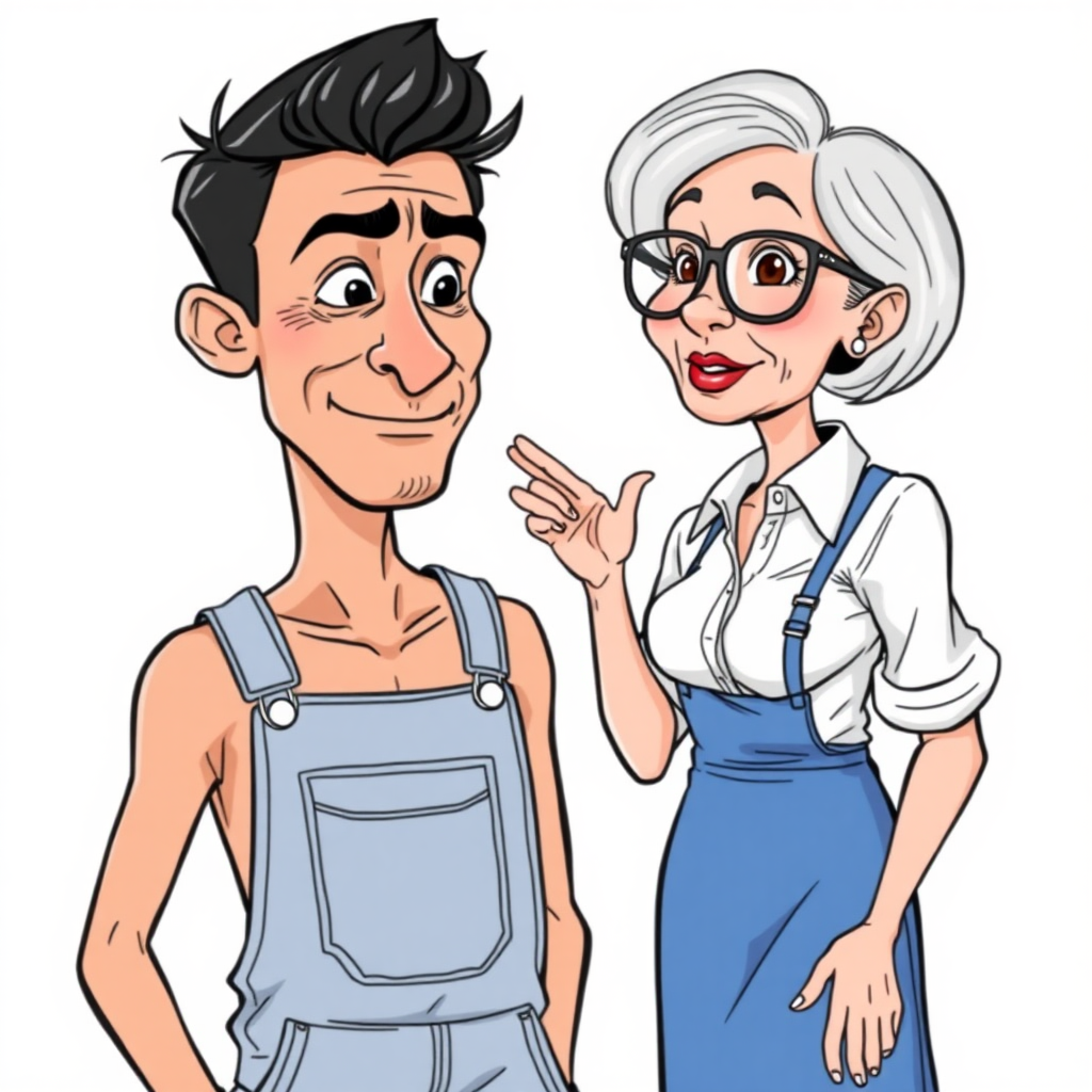 20 year old european skinny boy wearing work overalls is blushing excited while listening to a 55 years old, European, Latina, sharp aquiline nose, wrinkles, high cheekbones, Middle Eastern, Skinny, Tanned skin, Dark light skin, Rounded Medium breasts, Skinny thighs, full Makeup, jewelry, Serious face, Sharp nose, shocked, blushing, open mouth, horny, Ash hair, short bowl haircut, Brown eye color, Glasses, with detailed features. She is watching the boy, she is wearing a white shirt and a blue skirt, detailed fabric. full body, long establishing shot, 2D, caricature, cartoon, Sketch lines, coloring book, black and white, coloring book style on white background, well composed, clean coloring book page, No dither, no gradient, strong outline, No fill, No solids, vector illustration.