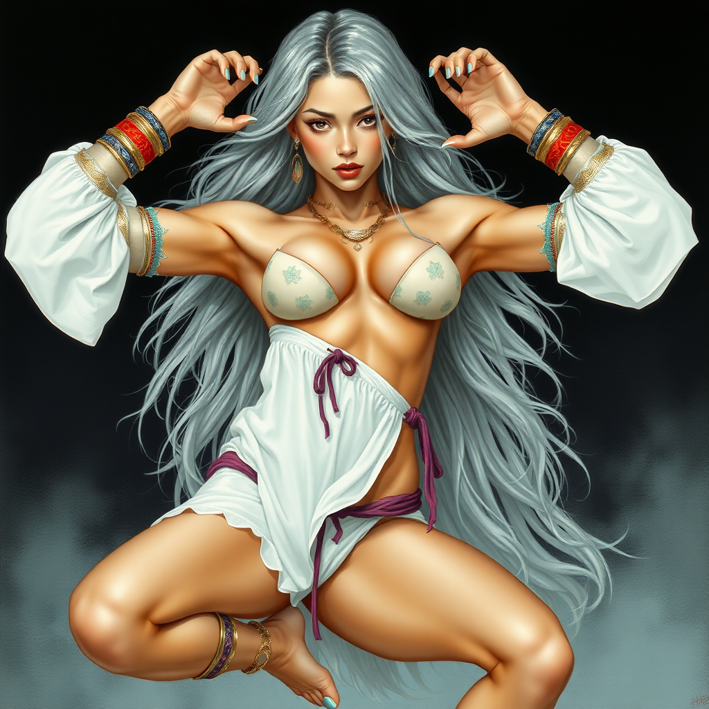 Girl, toned and muscular and has abs. silvery flowing hair. Her fingers and toenails are painted sky-blue. Her attire consists of a white primitive scant revealing two-piece bikini-like outfit with pale red, sky-blue, gold and purple bands on her neck, arms, wrists, shins, and ankles. Asian face. Sexy exaggerated pose. Hands behind head, exposing armpits. fantasy painting high contrast, well-drawn, highly detailed, and beautiful rendering. full body