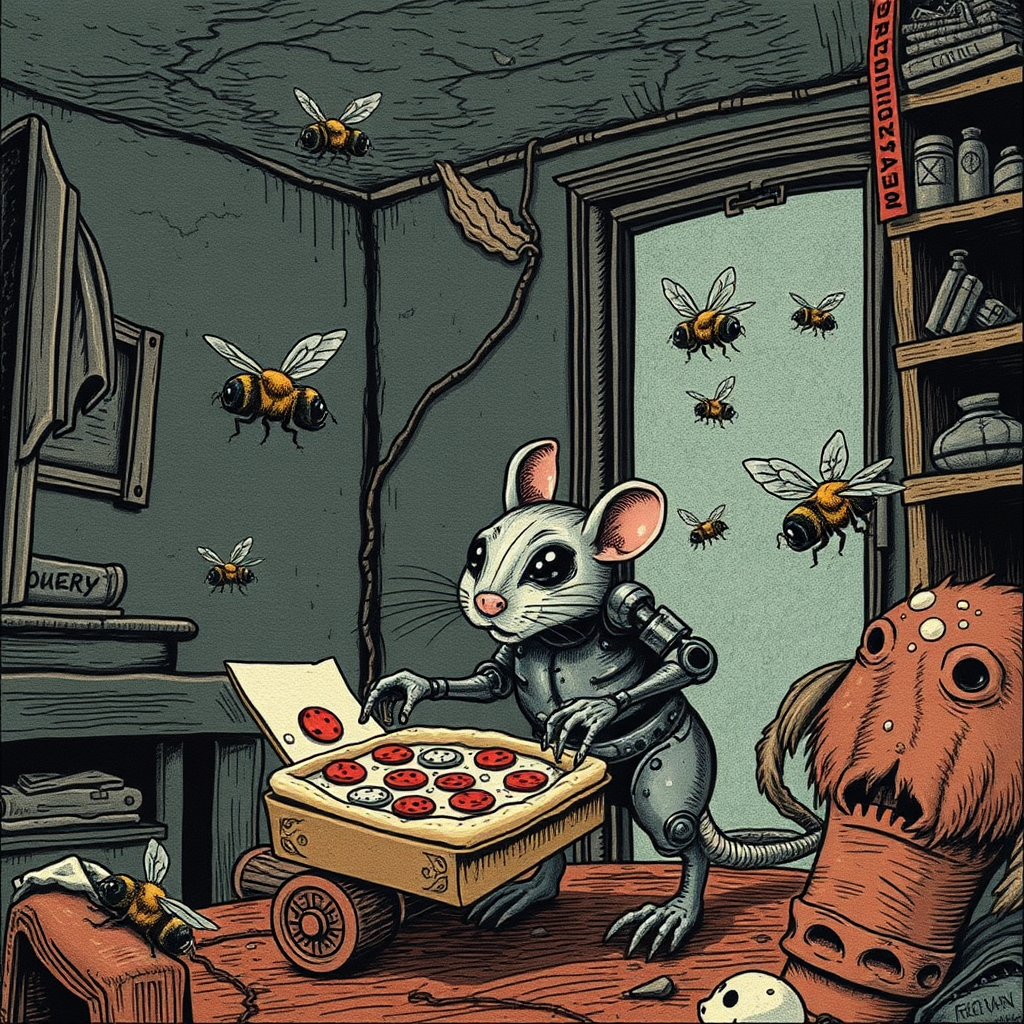 A cyborg rat delivering pizza to angry bees in a decayed apartment, Chinese woodcut