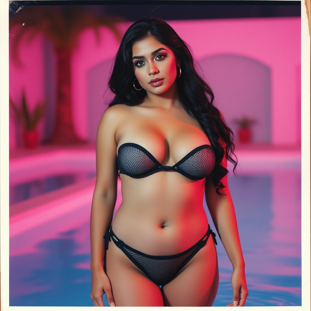 old polaroid photo with heavy vignetting and pink and blue artistic studio lighting color tint and light leak, depicting a sexy curvy thicc arabic girl with eye makeup, wearing a tiny revealing black see thru mesh two piece bikini gstring thong with a small outline of her labia and nipples visible, standing in a pool