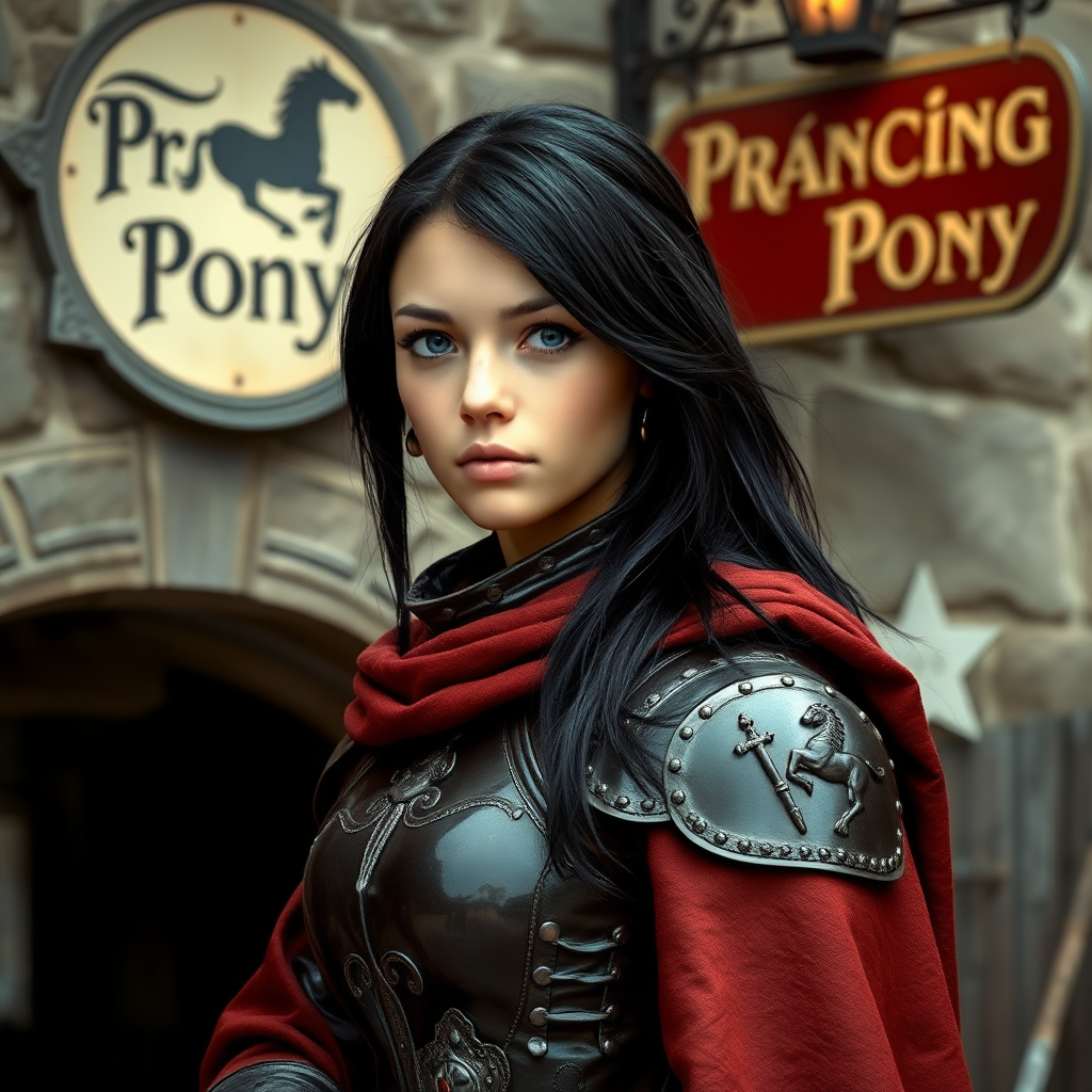 beautiful young woman, dark hair past her shoulders, blue eyes, small, slim figure, wearing full leather armor suit, long cloak, standing next to medieval tavern with sign: "Prancing Pony".