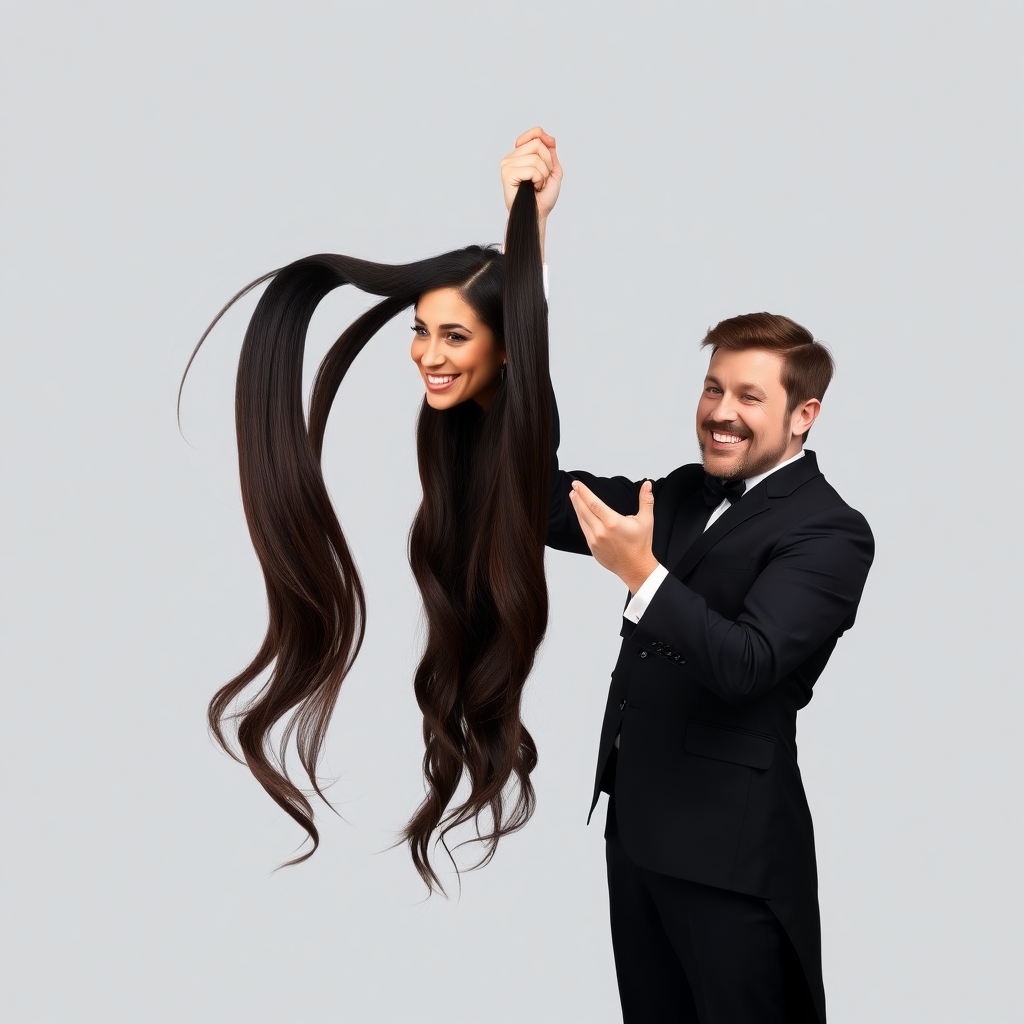 A surreal image of a smiling male magician standing to the side while holding up the disembodied head of a very long haired Meghan Markle by her hair to display it to the camera. He is grabbing her very long hair and pulling it up high in the air, while her head is hanging by her hair from his grasp. Plain gray background.