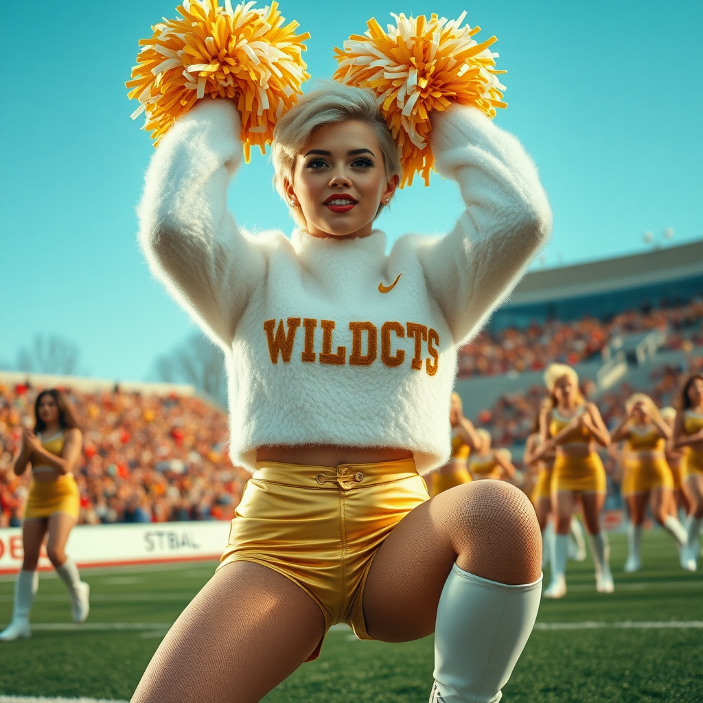 Sunny cold fall noon, college football stadium game, cheerleaders squat: Ana, European 17 years old very convincing femboy “QB’s trophy-bimbo”, tamed servile docile, very beautiful feminine flawless face, rather short boyish figure, platinum blond short tight curls, bold red lips, heavily made-up face, wearing cropped chunky fluffy very fuzzy bright white plushy mohair turtleneck-sweater with “gold “WILDCATS” letters, vinyl gold short shorts, mesh pantyhose, white vinyl thigh-high boots with golden heels, large gold-white pompoms, pearl earrings, pearl belly piercing, striking pearl tongue piercing, dancing with pompoms over her head. cheering loud.