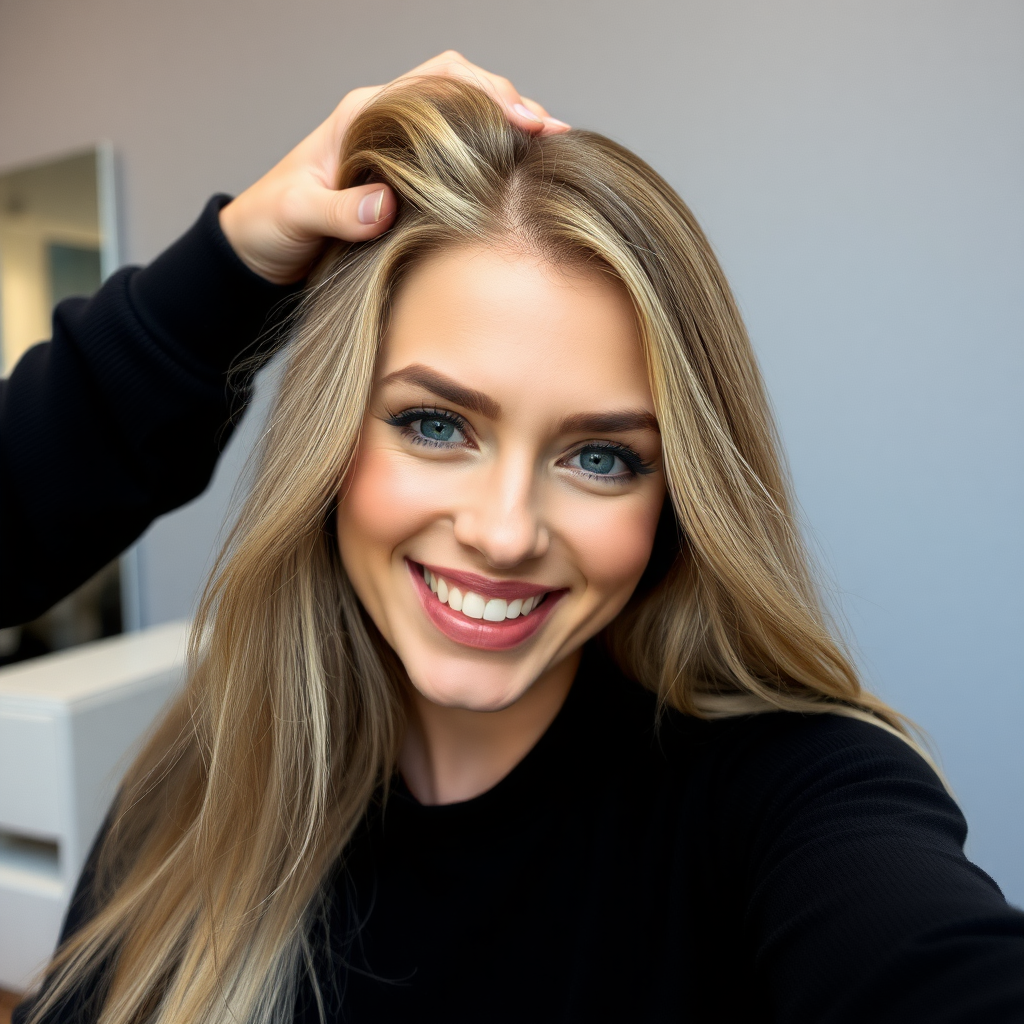 POV, beautiful very long haired blonde woman sitting in a hair salon smiling at the camera while I reach out from behind the camera to massage her scalp. My fingers are in her hair rubbing her scalp while her hair is covering my hands. Plain gray background.