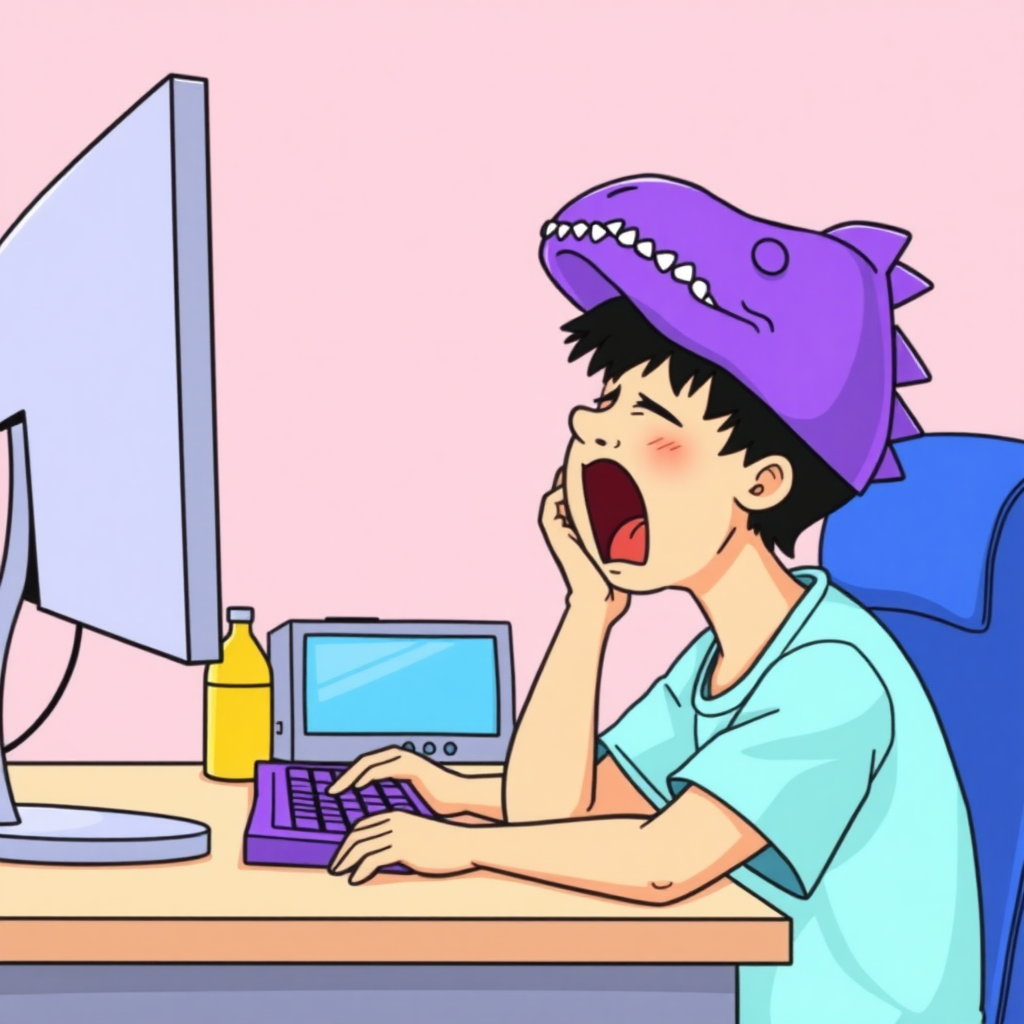 A high-quality illustration of a person sitting at a desk in front of a computer, yawning, with a purple dinosaur-themed cap and light blue shirt. The desk has a computer screen, a keyboard with purple keys, and a yellow bottle beside it. The view is the same as the original image with a light pink background and similar details, but the person now has a dinosaur cap instead of the original one.