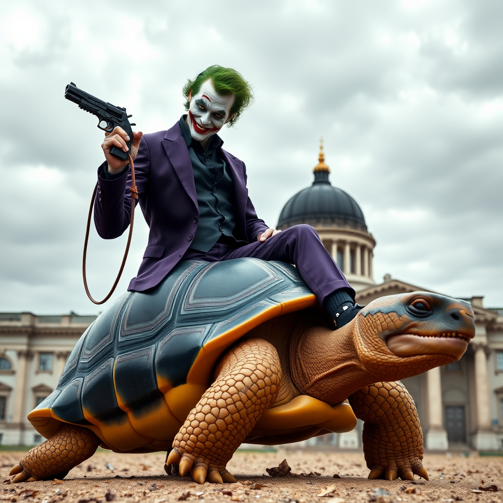 A photorealistic image of the Joker, wearing a dark purple suit with a black shirt, riding on the back of a large turtle. The Joker holds the reins of a bridle in his right hand, while in his left hand he holds a pistol. The turtle's shell is painted in the colors of the German flag (black, red, and yellow). In the background, the German Bundestag building can be seen, with its recognizable dome and grand architecture under a cloudy sky. The scene combines a surreal and whimsical mood with a hint of menace in Joker's expression.