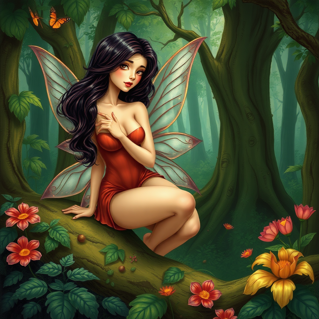 A classic forest scene with an attractive and seductive fairy. The scene is lush with the art styling of Brian Stroud.