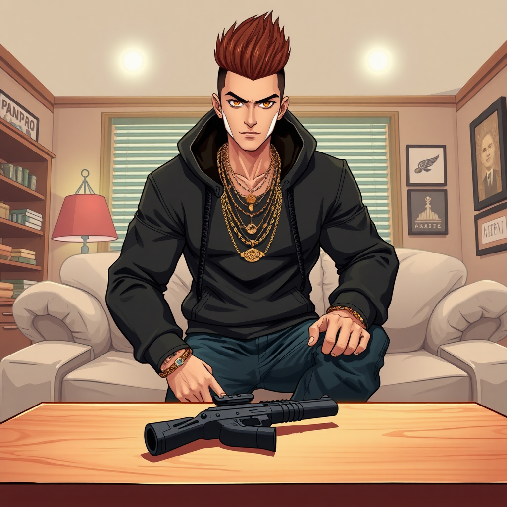 (Anime Style Art) background of a gang-living room, A handsome latino male, brown-dark fohawk hair, hazel eyes, skinny, wearing a swagger hoodie, sagging jeans, 4 necklaces gold around neck, gun on table