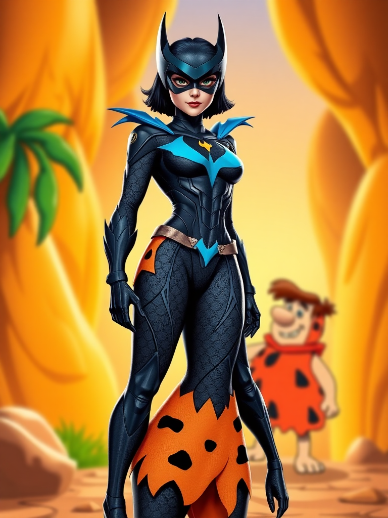 Generate a full-length rendered image of Nightwing featuring the female figure of Wilma Flintstone as the body. Retain Nightwing's head, hairstyle, and facial features intact. Adapt Nightwing's costume, integrating embellishments from Wilma's outfit, ensuring the design fits the new proportions. Create a unique background, drawing inspiration from both characters’ worlds, blending elements characteristic of Nightwing's Gotham and the vibrant, prehistoric setting of the Flintstones.