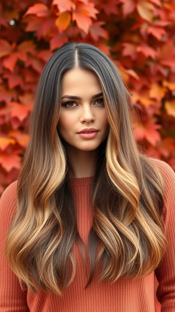 Christine Teigen long layered hair, against the backdrop of autumn chestnut foliage, in high definition.