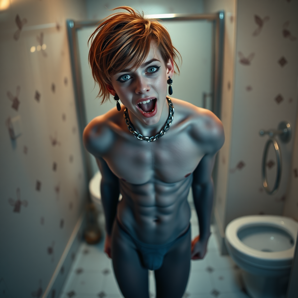 photorealistic, ultra high resolution, 16K, surreal fantasy, soft studio lighting, Caleb Swift is a pretty 16 year old goth male, slim male physique, auburn hair, blue eyes, goth makeup, earrings, grey pantyhose body suit, spikey neck collar with chain, standing on the floor of the bathroom, excited mouth, bulging crotch, full body front view of Caleb facing the camera.