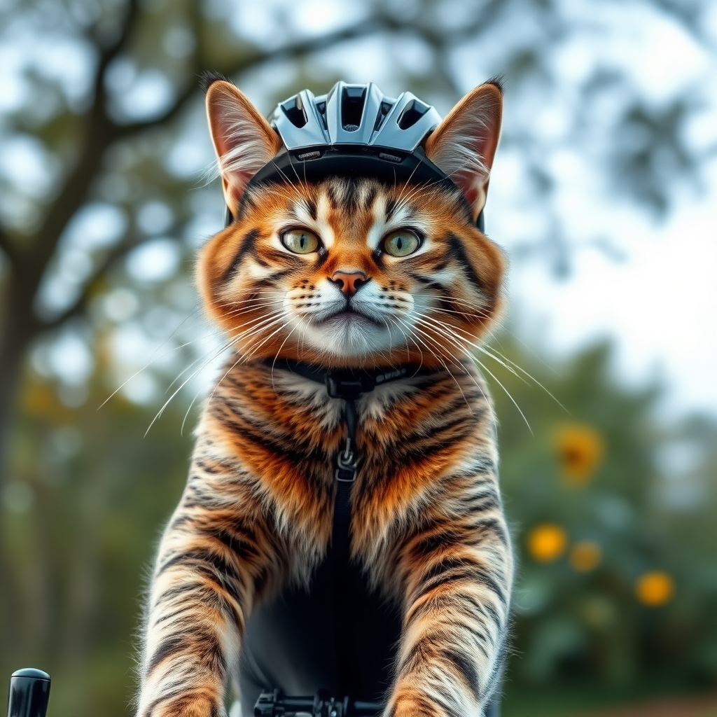 very hungry cat in lycra cycling dress and helmet