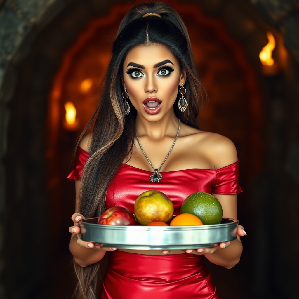 realistic photo of a surprised Arabian model with mouth open. She has very large eyes, black eyeshadow, black eyeliner, fake eyelashes, very tanned skin, very long hair. very high ponytail, she look likes princess jasmine, shinny red off shoulder crop top. photo realistic. She holds a metal tray with fruits just above her waist. crop top, shinny red skirt. full body view. shinny red pencil skirt. dungeon with fire torches in the background.