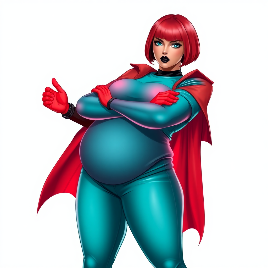 A 26-year-old, full-figured, mystical vigilante detective becomes the heavily pampered mystical ally of her cyberpunk vigilante older brother figure. She has a bright red bob cut, black lipstick, and piercing bright blue eyes. She has a new non-athletic build, now highlighted by a prominent, round, gargantuan midsection (fully focused on her gargantuan belly), which shows the aftermath of her new pampered lifestyle. Despite her pampered physique, she shows full confidence. She wears a biker suit consisting of a enormous, magical, tight-fitting, maximum turquoise t-shirt (accentuating and emphasizing her gargantuan belly) maximum turquoise biker pants, complemented by a glowing neon red cape, a mystical ruby amulet (which is the source of her mystical powers), and magical red gloves glowing neon red. Her stance is firm and resolute, arms crossed, exuding a no-nonsense attitude. Her costume reflects the influence of DC New 52 Prime Earth’s Phantom Lady, Jennifer Knight, while her pose embodies the moral ambiguity and determination reminiscent of DC’s Pax Americana’s The Question. She is on a solid white background. She is drawn as if she was in a retro 2D cyberpunk fighting game. She is clearly non-athletic, with a focus on her full-figured physique (especially her gargantuan belly). Make sure that her t-shirt covers all of her bare skin (especially her gargantuan midsection).