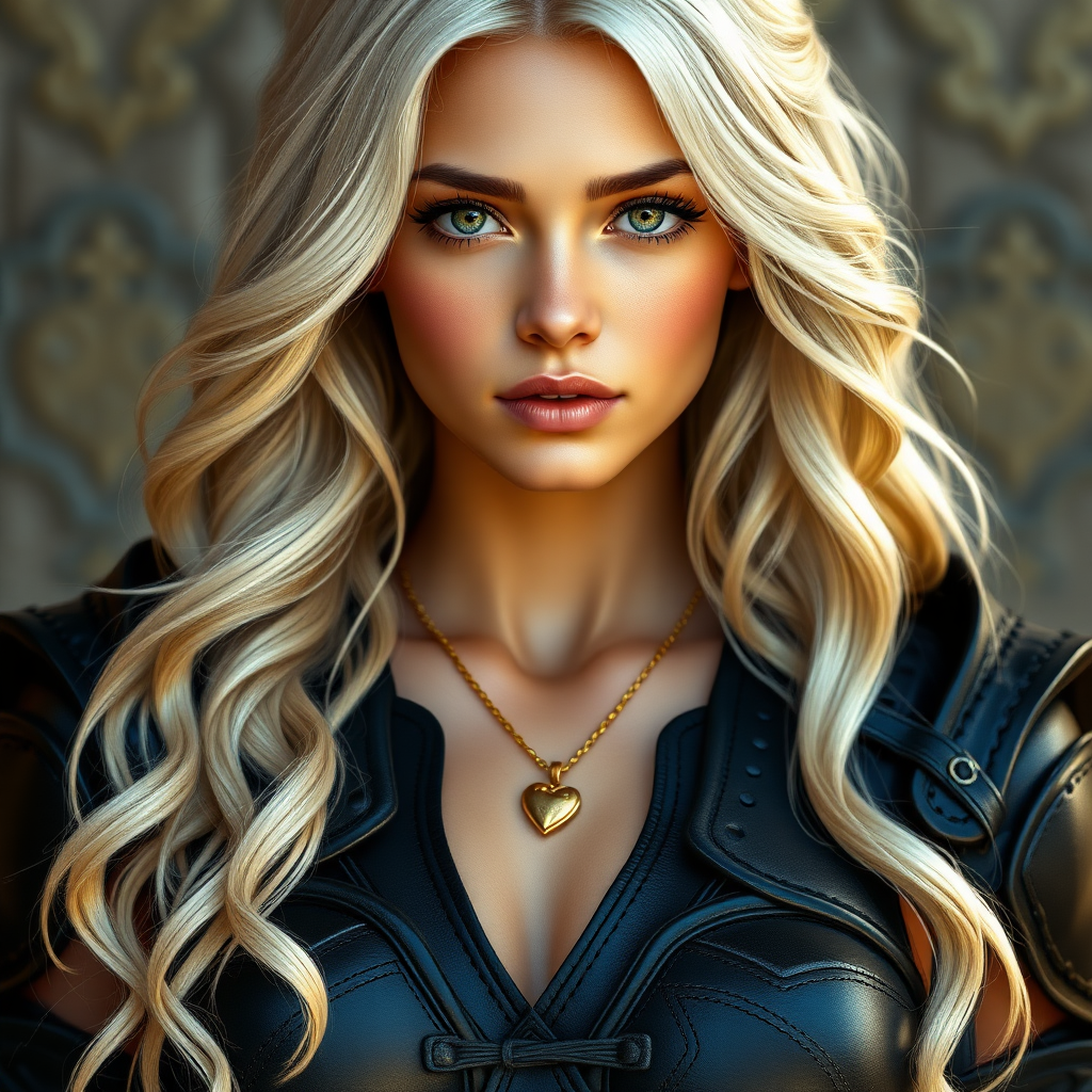 Portrait of a beautiful young woman with long wavy platinum blonde hair, green eyes, a suntan, large breasts, and light brown eyebrows. She is wearing black leather armor and a gold necklace with a small heart pendant.