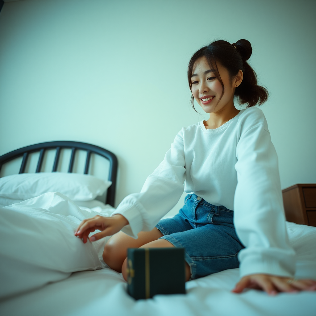 photo low angle full body shot beautiful xiaomeimei smiles looking down. She is kneeling on the bed reaching for a battery