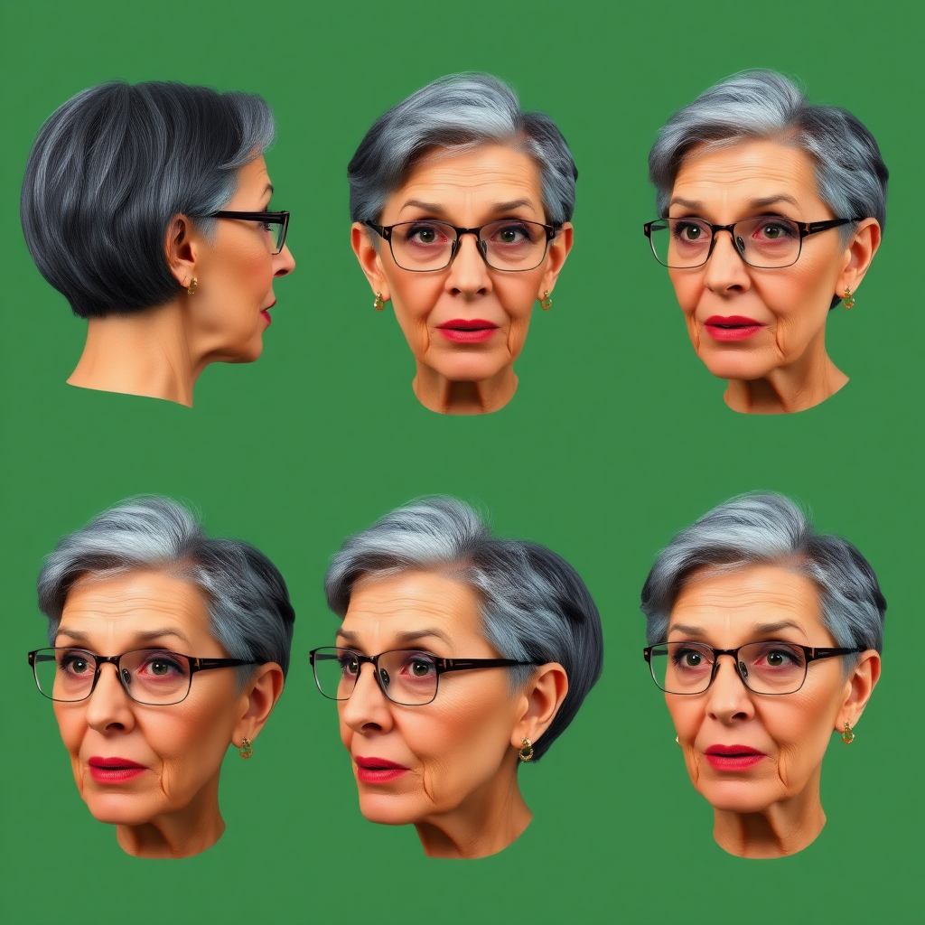 Photorealistic image of six headshots of a 50 Years old, fit, European, Latina, sharp aquiline nose, wrinkles, high cheekbones, Middle Eastern, Skinny, Tanned skin, Dark light skin, full Makeup, jewelry, Sharp nose, exaggerated expression, surprised, ashamed, delighted, mouth open, dark grey Ash hair, short bowl haircut, Brown eye color, Glasses, with detailed features. Each photo displays the same face in back, profile and front view, cut out and isolated on a green background. All six heads are visible side by side, empty space around each view, no overlapping.