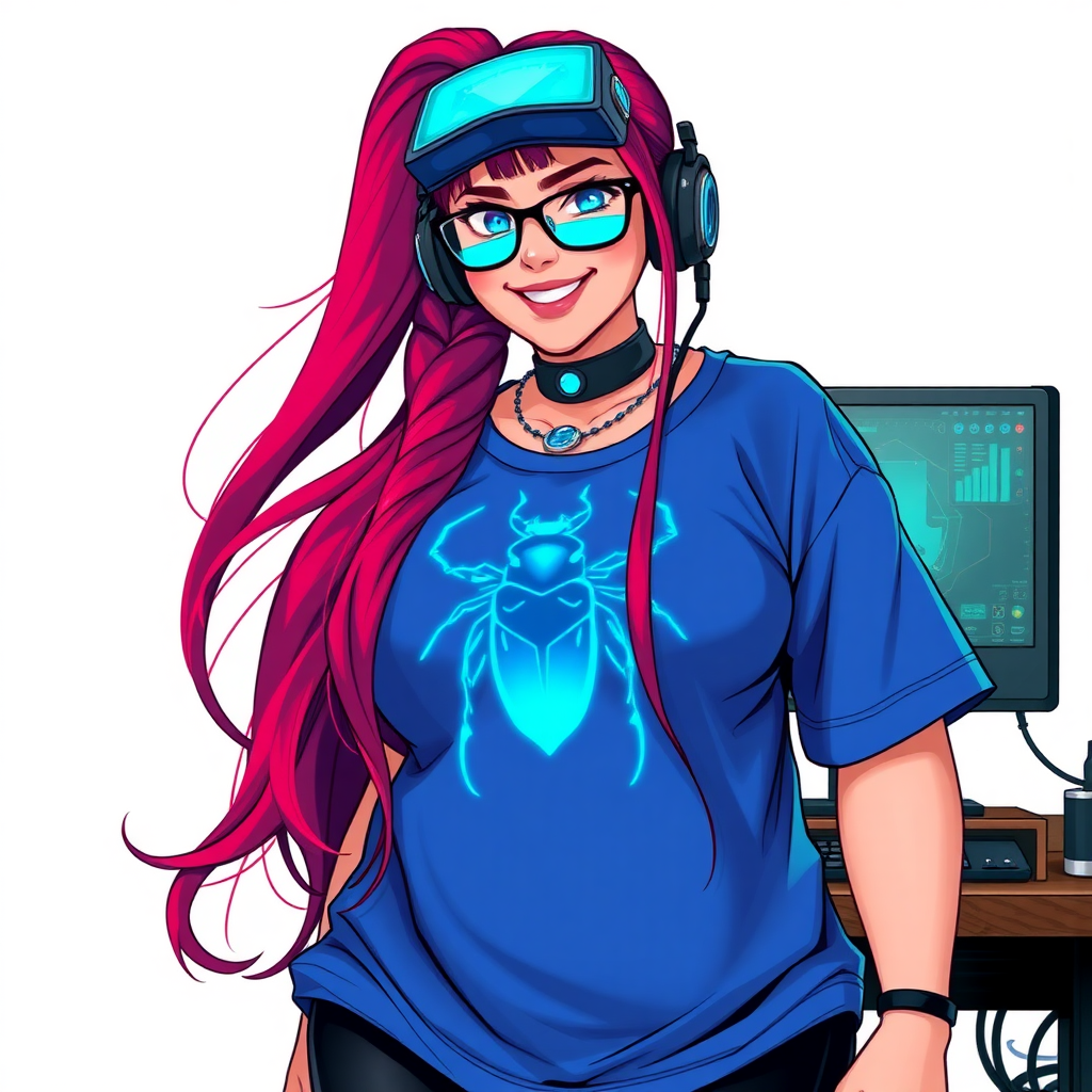 A cyberpunk vigilante’s full-figured intelligent and tech-savvy 29-year-old girlfriend, who is a computer hacker and tech genius. She has a long ruby red ponytail and bright blue eyes. She wears a sapphire beetle gemstone necklace, and an oversized maximum blue t-shirt featuring a giant neon blue glowing icon of a beetle on its chest. She has a full-figured physique with a prominent, gargantuan, well-rounded midsection, reflecting her well-cared-for lifestyle. She sports a sapphire headset with hi-tech maximum turquoise lensed HUD visor, black eyeglasses, and a beaming smile with a passionate bright red blush. Despite her figure and a lack of self-esteem, she radiates an air of beauty. She has a slim face which contributes to her radiant beauty. She serves as his tech expert from his hideout, diligently working at her lab table and computer desk. The background is solid white. She is drawn as if she was in a retro 2D cyberpunk fighting game.