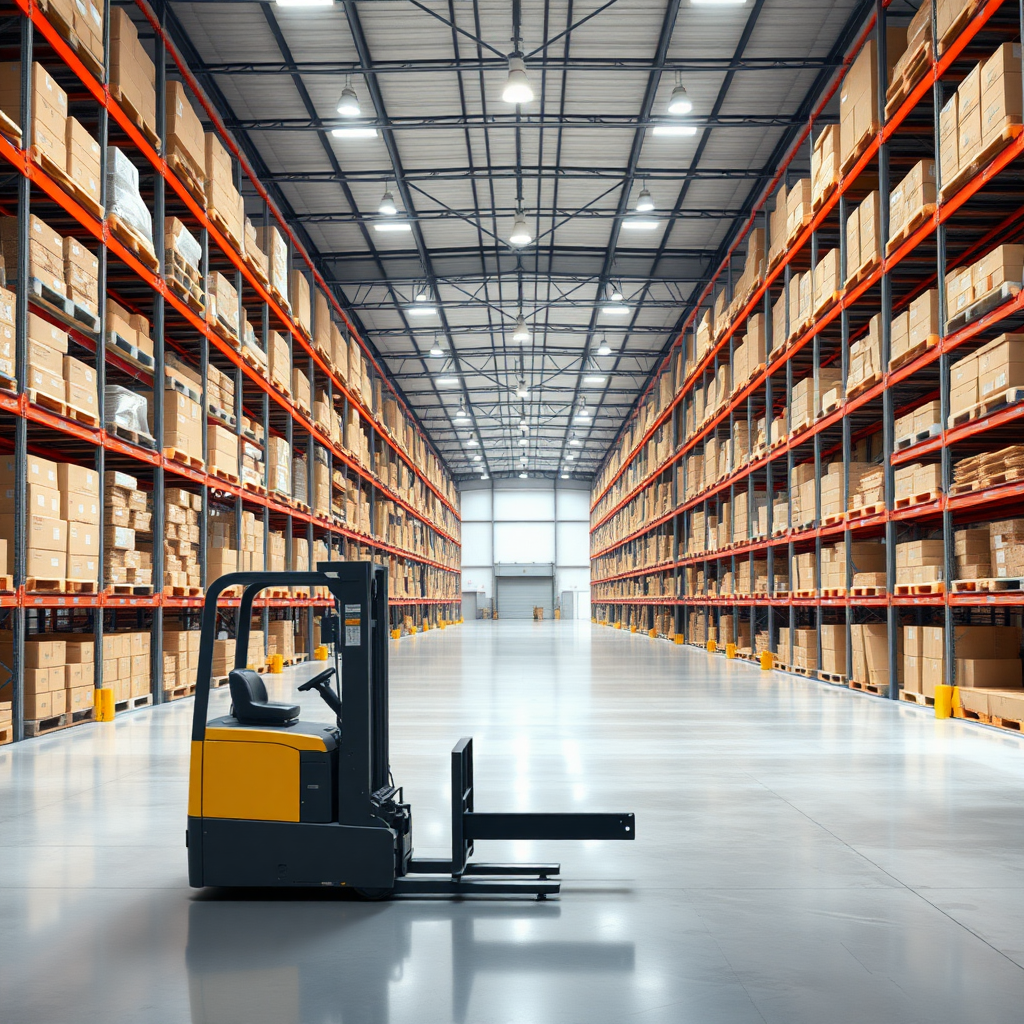 Create a high-resolution stock photo of a modern warehouse interior. The scene should include tall shelves filled with various boxes and products, a spacious layout with clear pathways, and bright overhead lighting. Include a forklift without an operator and partially open gate. The overall atmosphere should convey efficiency and organization, with a clean and professional look. No text, no humans.