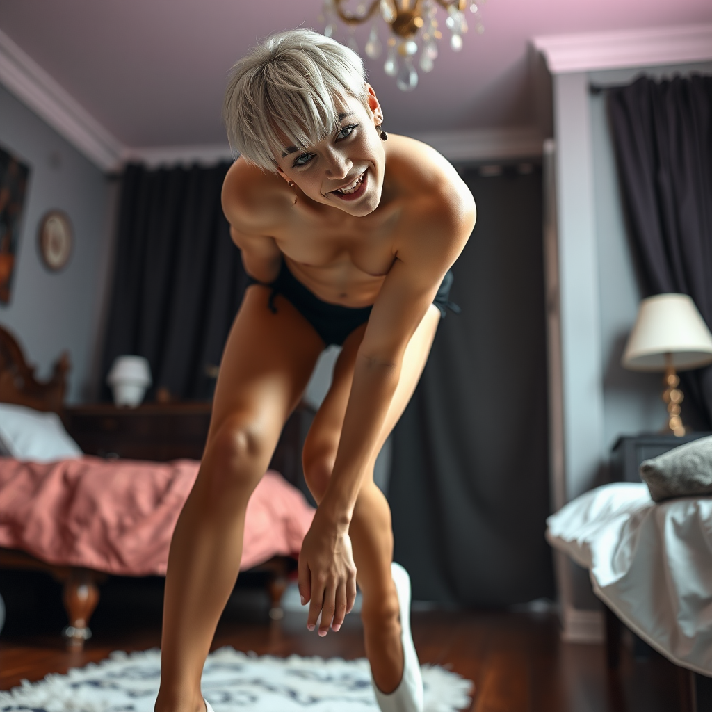 photorealistic, ultra high resolution, 16K, surreal fantasy, studio lighting, a pretty 14 year old goth male, slim male physique, short blonde hair, goth makeup, earrings, glossy tan pantyhose, white ballet shoes, in the bedroom - he is bending forward, excited smile, facing the camera.