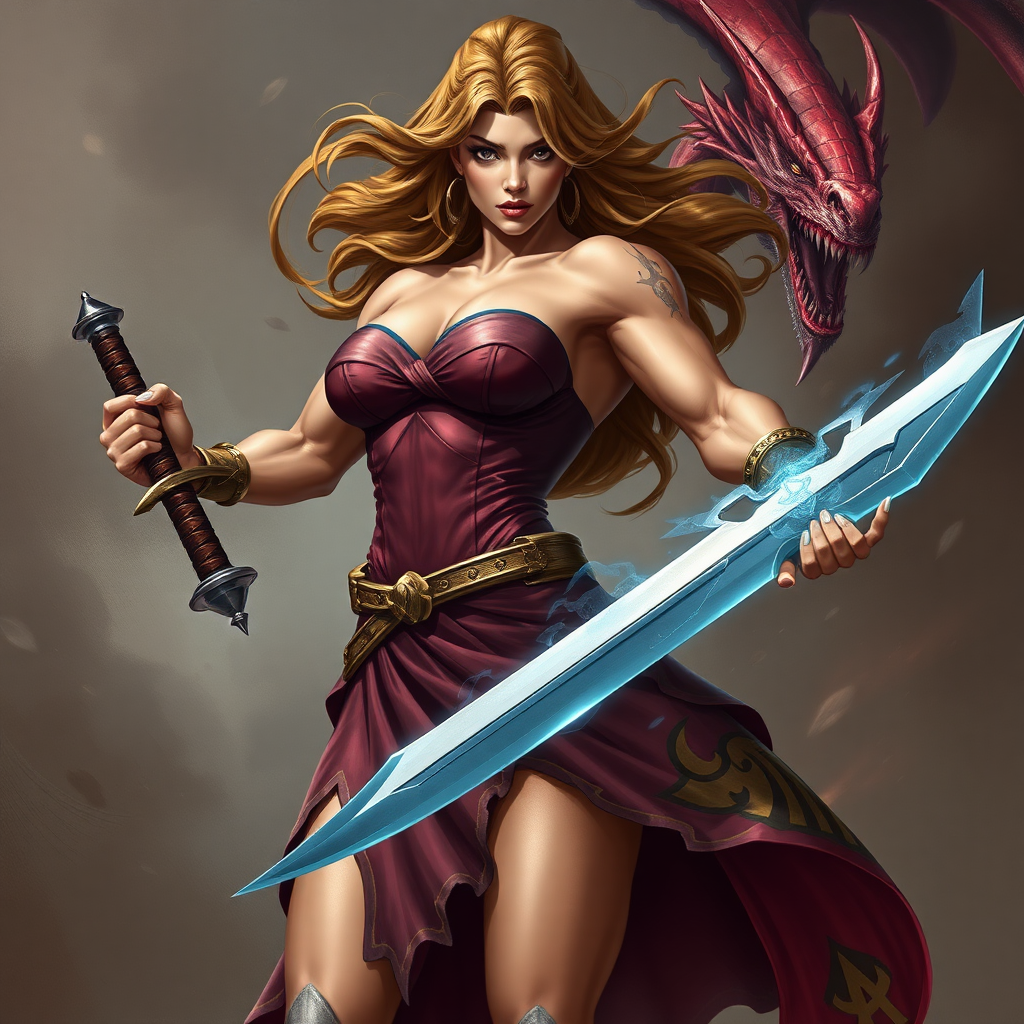 strong massive huge muscular bodybuilder girl, strapless dress, sword, fighting dragon