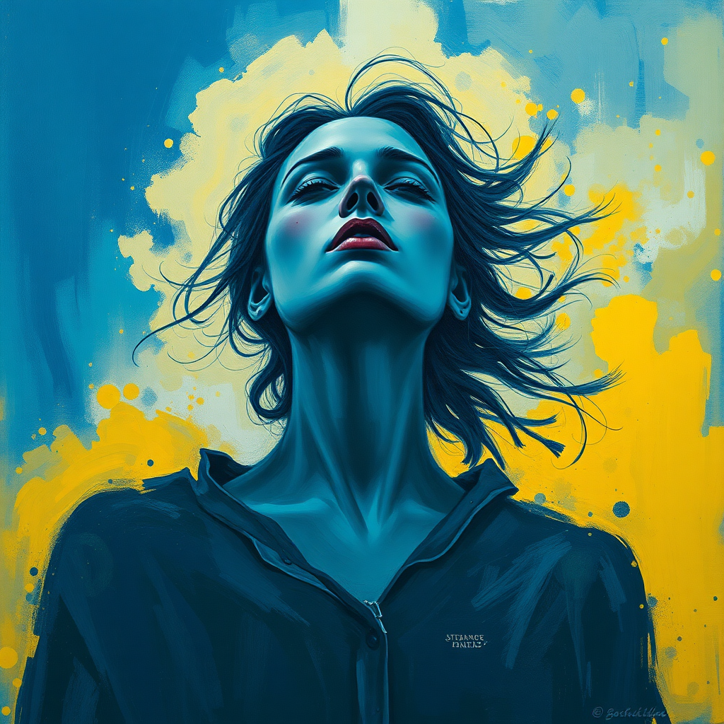 a blue and yellow abstract painting, a woman in the sky, horror