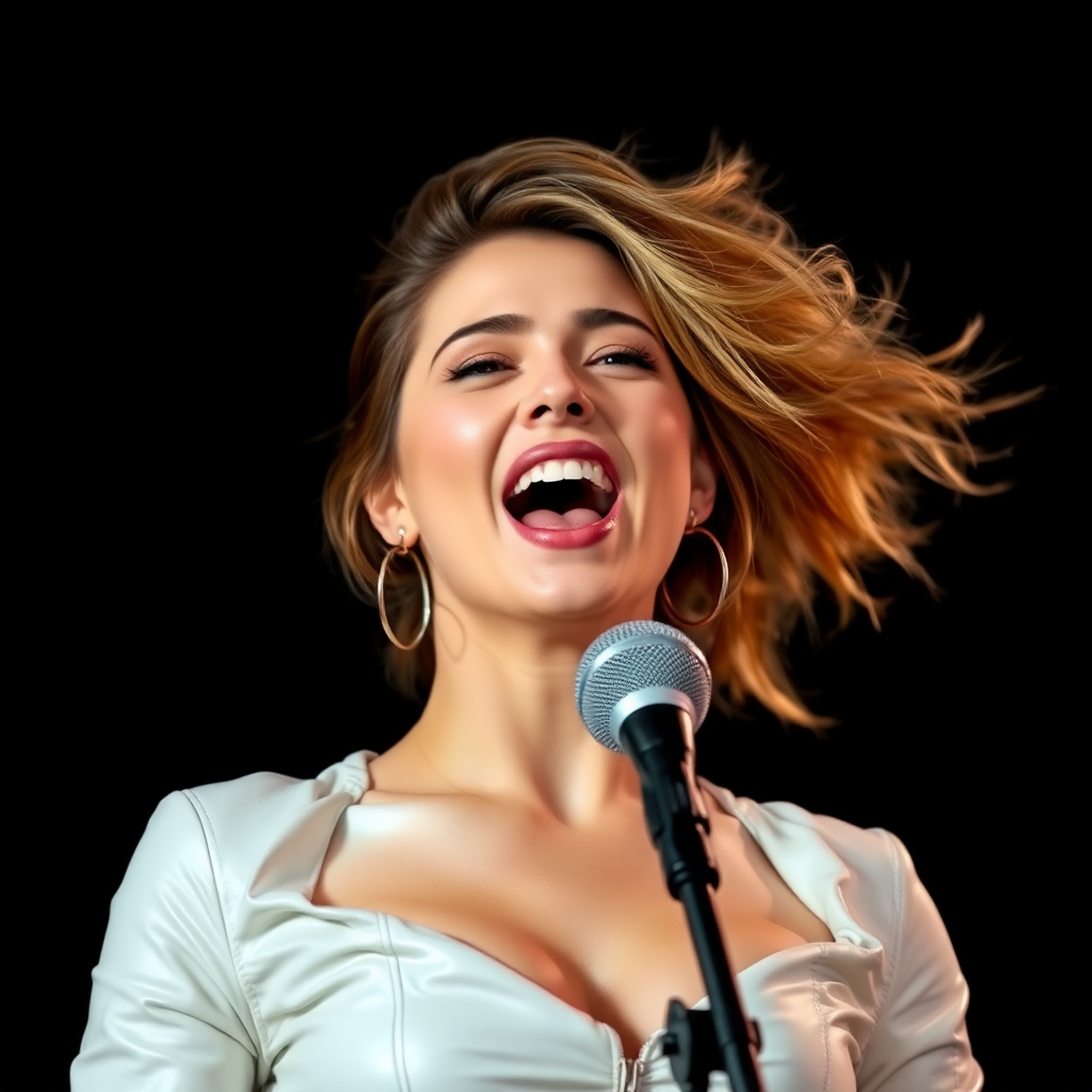 Energetic beautiful woman, age 24, very very busty, white leather clothes, singing in front of microphone, black background.