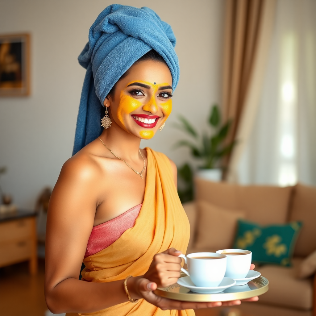 slim, 30 year old, indian Bride, towel head, turmeric face mask. She is smiling and serving coffee on a tray in living room.