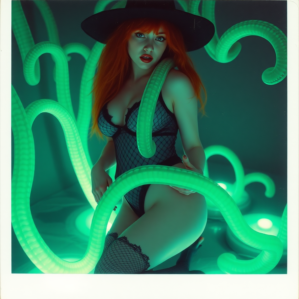 An old polaroid photo with a color tint to the photograph and visible light leaks. The photo depicts a sexy alt goth girl with pale skin and red hair. She has a plump booty. She has large breasts with ample cleavage and is wearing a black fishnet bodysuit. She is wearing a witch hat. She is surrounded by glowing translucent green tentacles coming out of magic bright glowing pools of water on the floor, wrapped around her arms and legs. She is straddling a green tentacle between her legs. The image looks hazy and grungy.