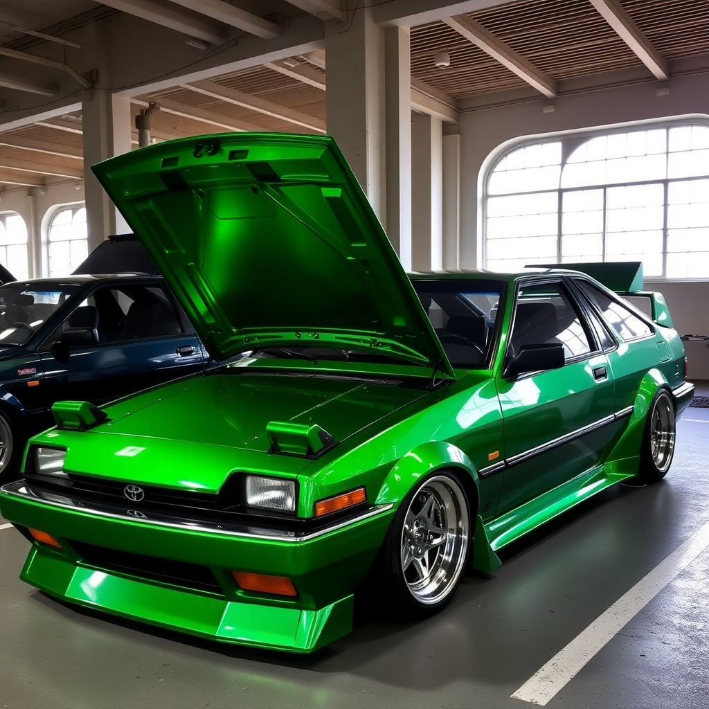 Emerald chrome Toyota Trueno tuning in Budapest at Keleti pályaudvar.