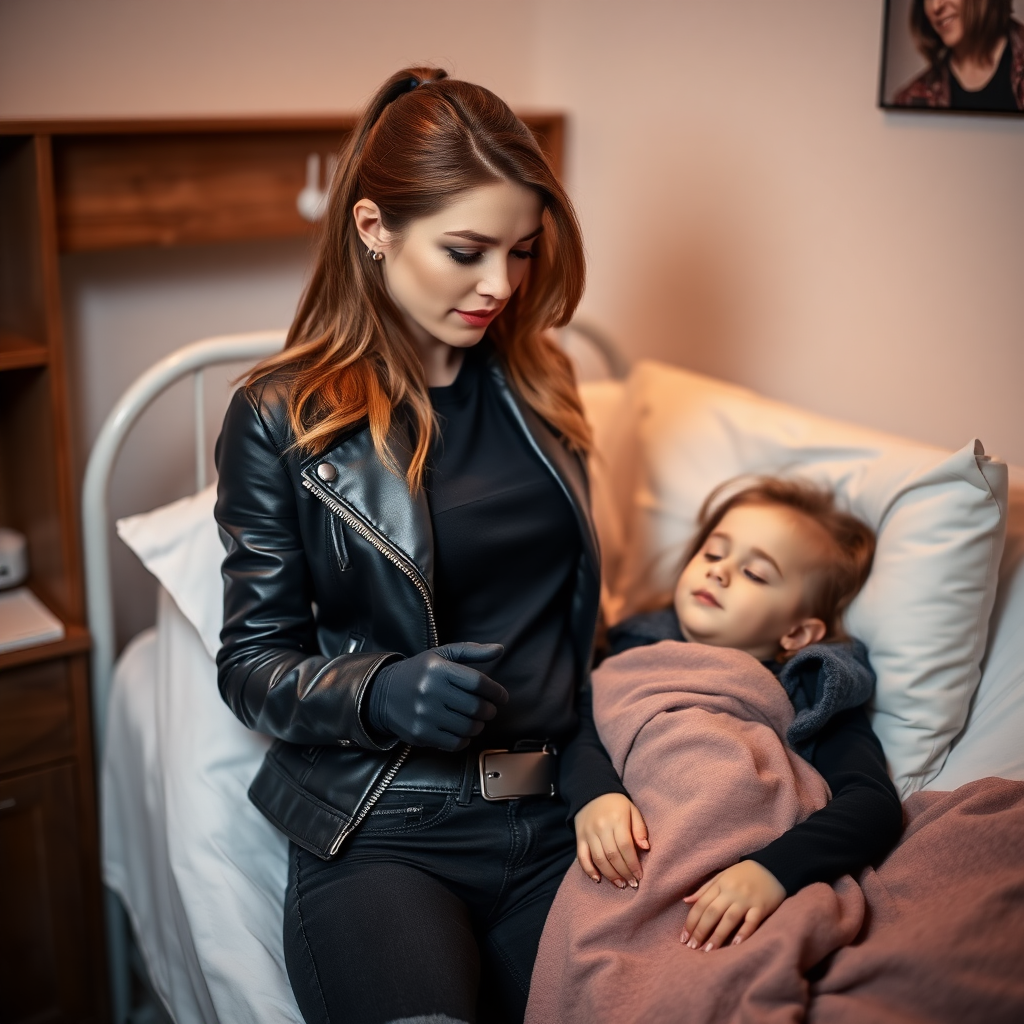 A beautiful female burglar in a black leather jacket over a black t-shirt with black jeans and gloves visits her sick little daughter lying in bed.