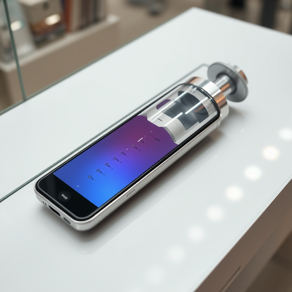 A mobile phone in the shape inspired by a syringe, metallic futuristic, kept for sale, in a showroom, metallic body, touchscreen phone with on-screen.