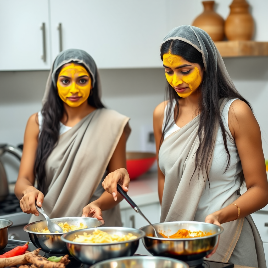 2 slim, 30-year-old, modern Indian maids with long hair coverings. They are cooking food in the kitchen. Their faces are covered with turmeric face masks.