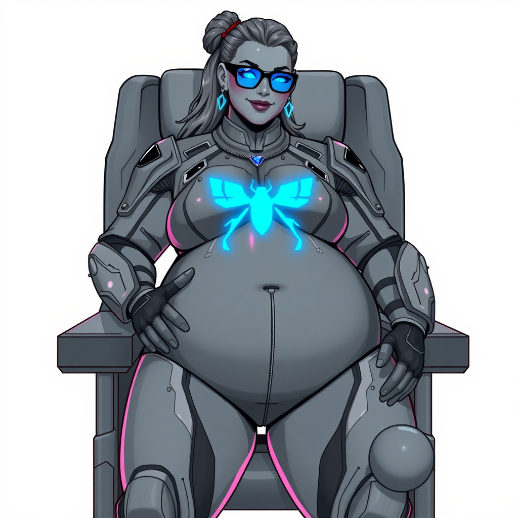 A 29-year-old computer science major, she is the devoted girlfriend of a vigilante and serves as his dotingly pampered, full-figured, nerdy digital sidekick. She is now a Computer Program hybrid, with a unique, metallic Middle Gray (N5) skin color that matches her suit and hair, making her resemble a computer program. Her long hair, suit, and skin are all Middle Gray (N5). Her neon blue eyes are mesmerizing. Her full figure, especially her prominently gargantuan round midsection, shows just how heavily fed and pampered she is, with sequoia-sized limbs and broad shoulders.

As a loyal and supportive sidekick, she plays a crucial role in their missions, using her digital prowess to assist and protect. She wears a blue sapphire scarab necklace and blue sapphire earrings, which she received as symbols of their love before his 5-year disappearance. Her digital and computerized biker suit, also Middle Gray (N5), covers her entire body and is adorned with a neon blue beetle emblem on its chest. The suit is equipped with high-tech features, including holographic displays and integrated hacking tools. She has matching high-tech gloves. She emits neon blue data cubes from her body, set against a solid white background.

Heavily, attentively, and immensely pampered through being well-fed since their reunion, her full figure clearly shows the extent of care she has received. Despite her digital enhancements, she retains her human vulnerabilities, including hunger and sleep, and is not immune to human weaknesses. She has the ability to hack into computers and machines, and her nerdiness is blatantly obvious with her black oversized eyeglasses. Her full figure, especially her gargantuan midsection, is prominently displayed and heavily emphasized. Her outfit, influenced by DC’s Jennifer Knight Phantom Lady, remains distinct.

Despite her boyfriend’s limited resources, she assists in the war on crime by serving as a minicomputer, traveling in a high-tech wristwatch and supercar’s computer system. Using her hacking abilities, she relays crucial knowledge related to missions. She is often seen sitting in a giant lounge chair, contently patting her stomach with a beaming smile and a neon red blush. She is drawn as if she was in a retro 2D cyberpunk fighting game.