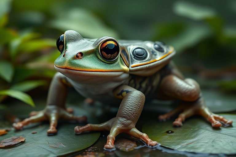 Create a full-length photorealistic image of a frog modeled after the framework and silhouette of a horsefly, ensuring the frog's head remains intact complete with distinct facial features. Retain the frog's smooth skin texture alongside soft, fur-like details representing the horsefly's characteristics. For the background, blend elements from both the frog's natural habitat and the horsefly's environment, incorporating lush greenery and vibrant colors to evoke the essence of each creature. The scene should harmonize these diverse attributes, showcasing a unique fusion of the two animals.